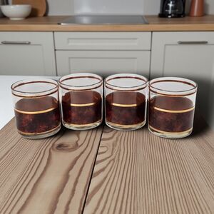 4 Vintage Culver Tortoiseshell Brazilian Brown Lowball Glasses 22K Gold Rocks